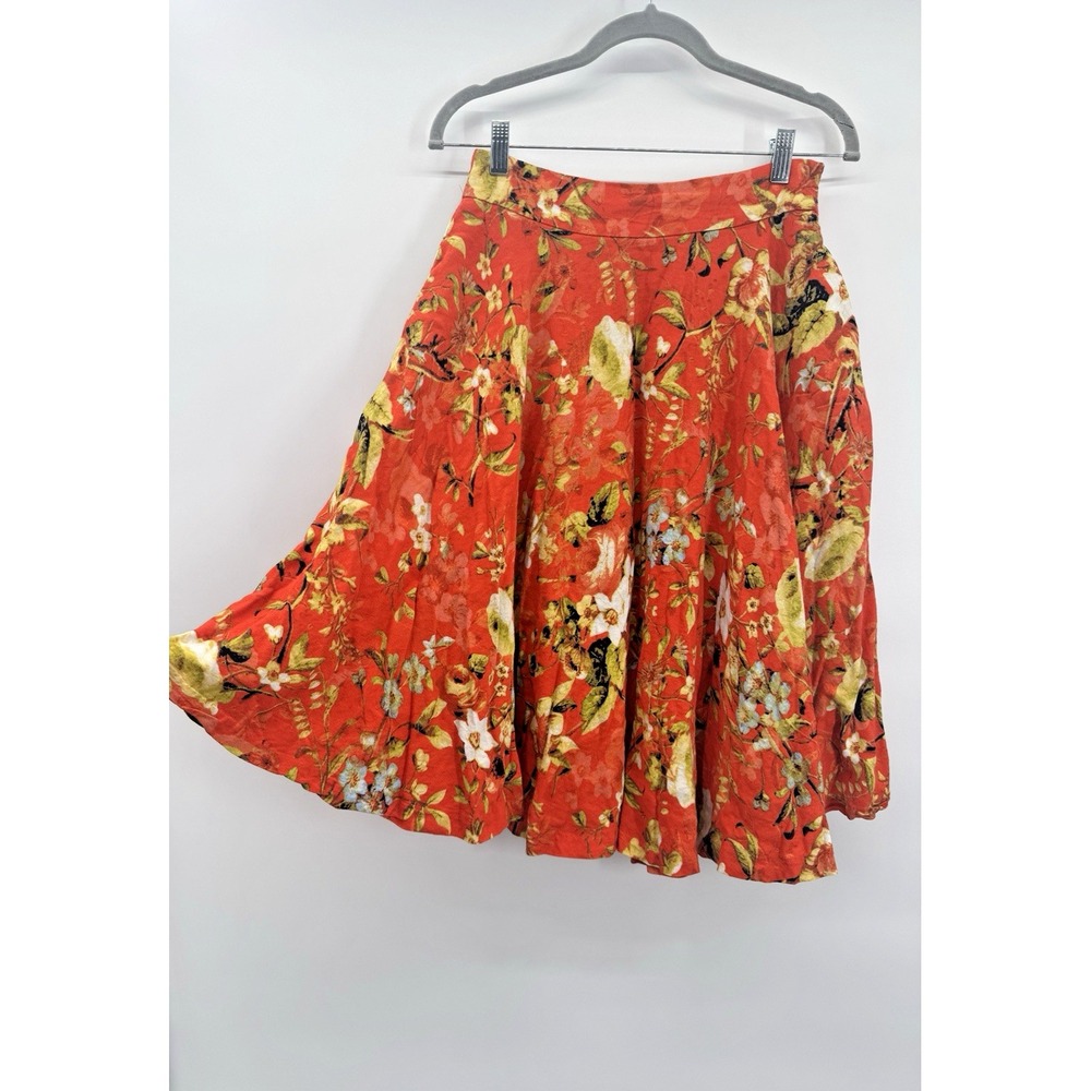 VTG Premise Orange Floral Linen Skirt 4 Pockets Twirl Boho Autumn Fall Colorful - Picture 2 of 12